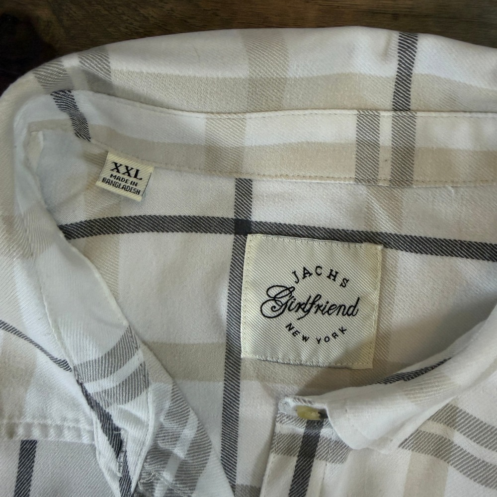 Jachs Girlfriend Womens XXL Plaid Button Down Shirt Cream Tan Grey‎ Side Pockets - Picture 2 of 7